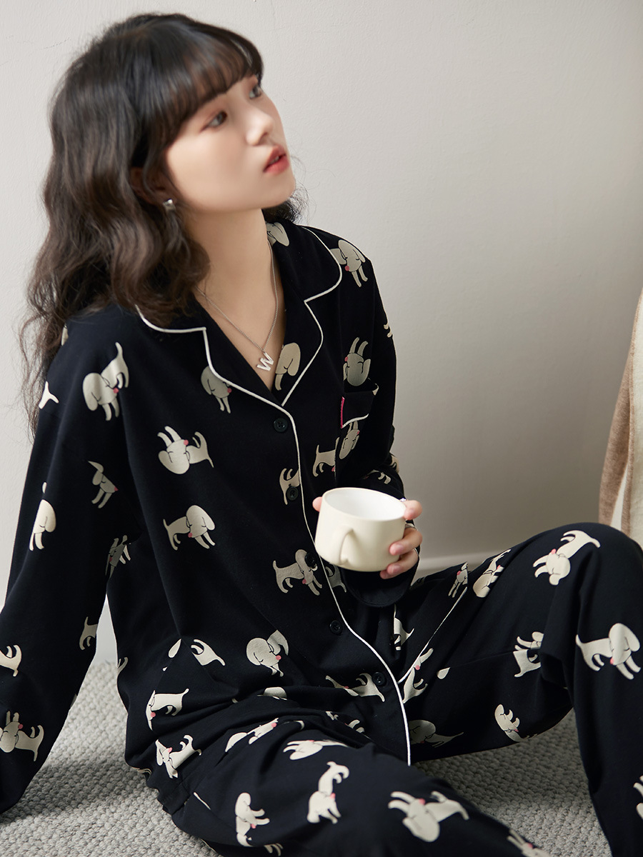 Pajamas Autumn Women's Cute Cotton Long Sleeve Spring and Autumn Cartoon Casual Korean Style Outerwear Homewear Loose Skin-Friendly