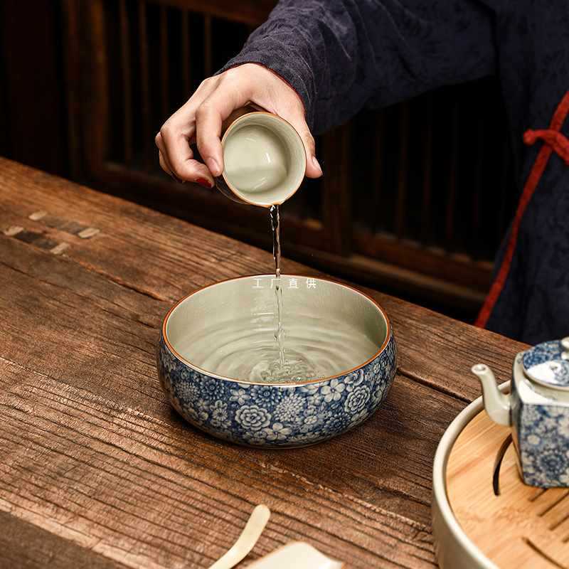gd53汝窑青花茶洗家用开片大水盂水洗杯洗茶道配件复古洗茶器建水