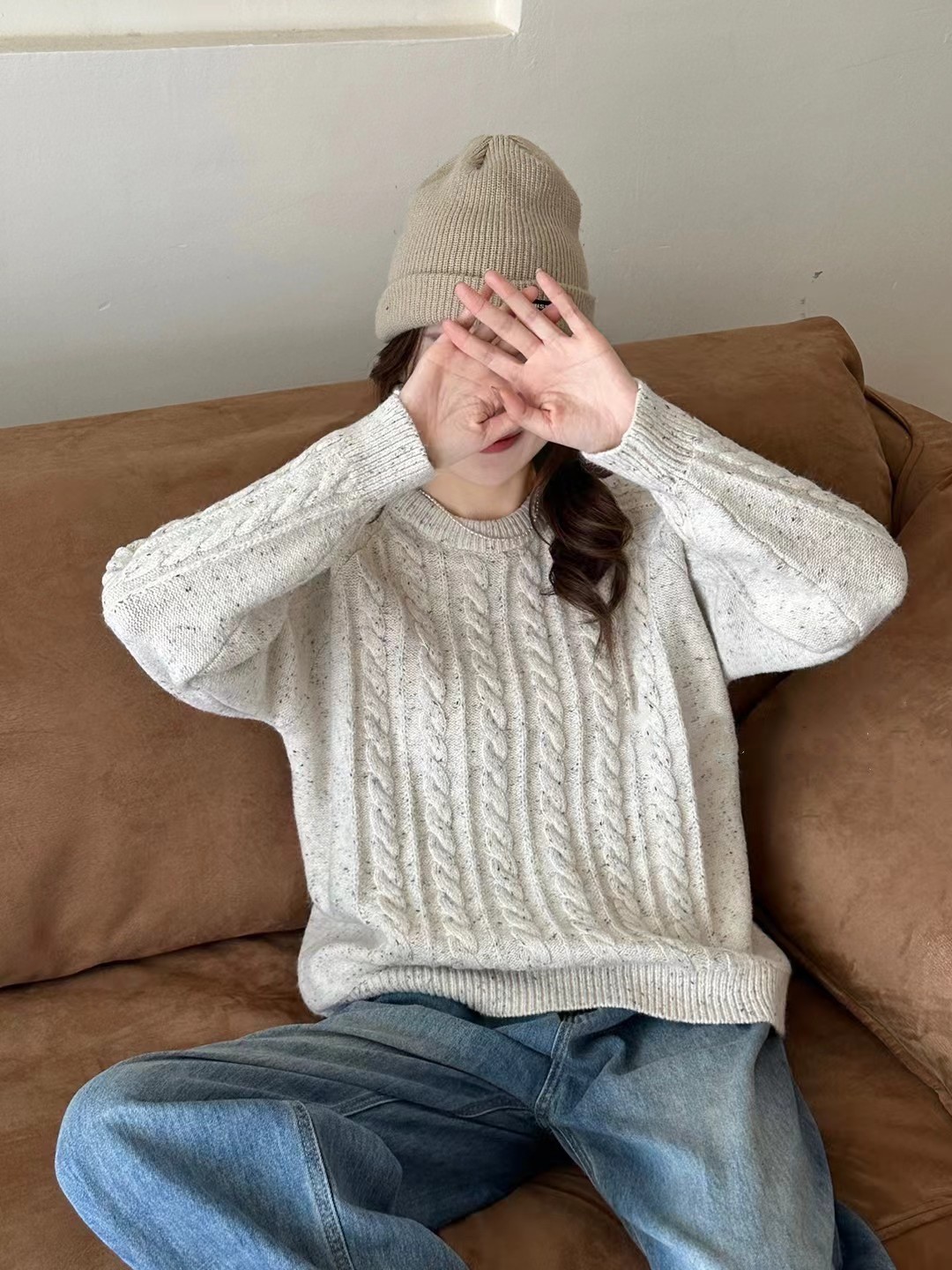 温柔风复古花线杂色麻花毛衣女秋冬新款宽松慵懒风套头针织衫上衣