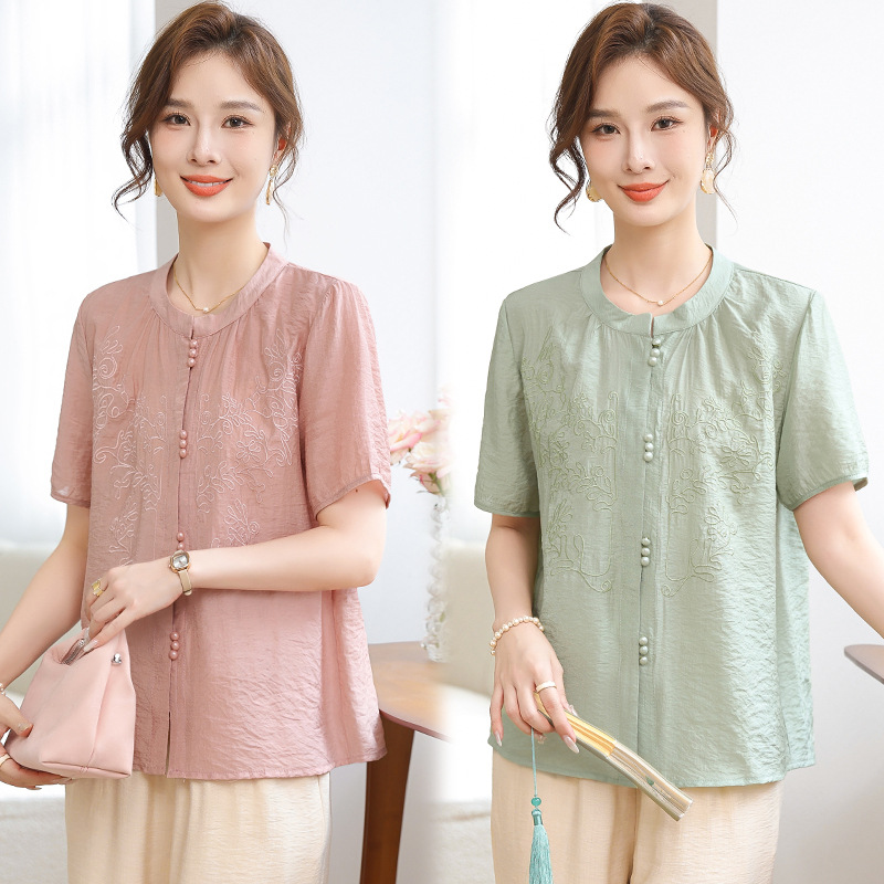 中年妈妈女装夏装新款洋气衬衫短袖小衫上衣中老年绣花衬衣t恤女
