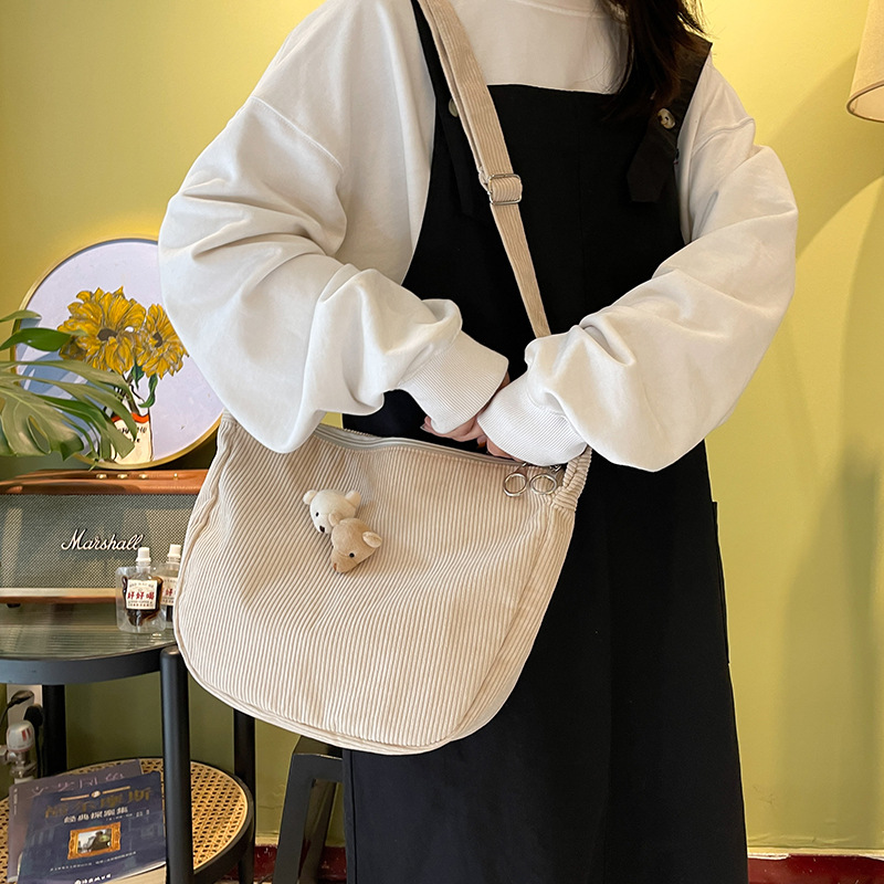 Korean Style Ulzzang Vintage Style All-Match Casual Cute Bear Pendant Soft Girl Student Corduroy Cross-Body Bag Female
