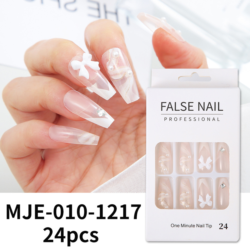 24-Piece Boxed Mid-Length Wear Nail Bow Nail Tip Alloy Spot Drill French Fake Nails Love Butterfly Manicure