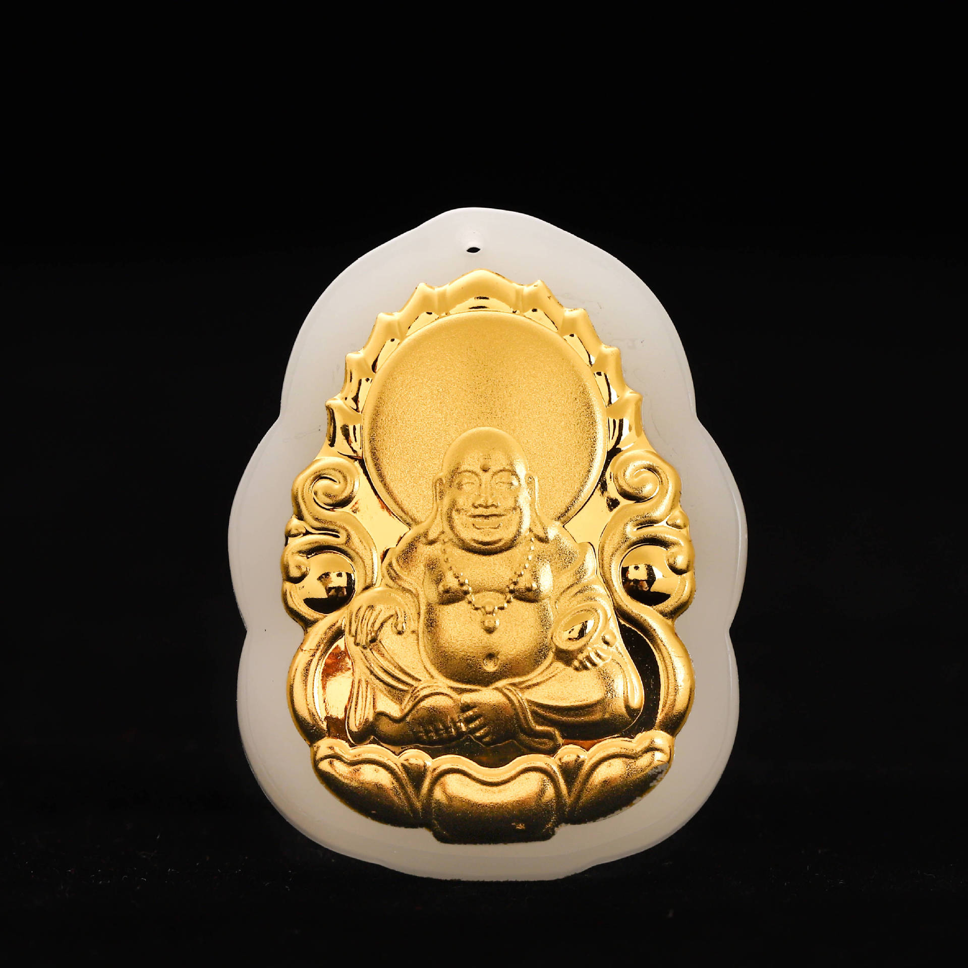 厂家直供金镶玉白玉镶嵌足金弥勒佛像吊坠礼品直播货源