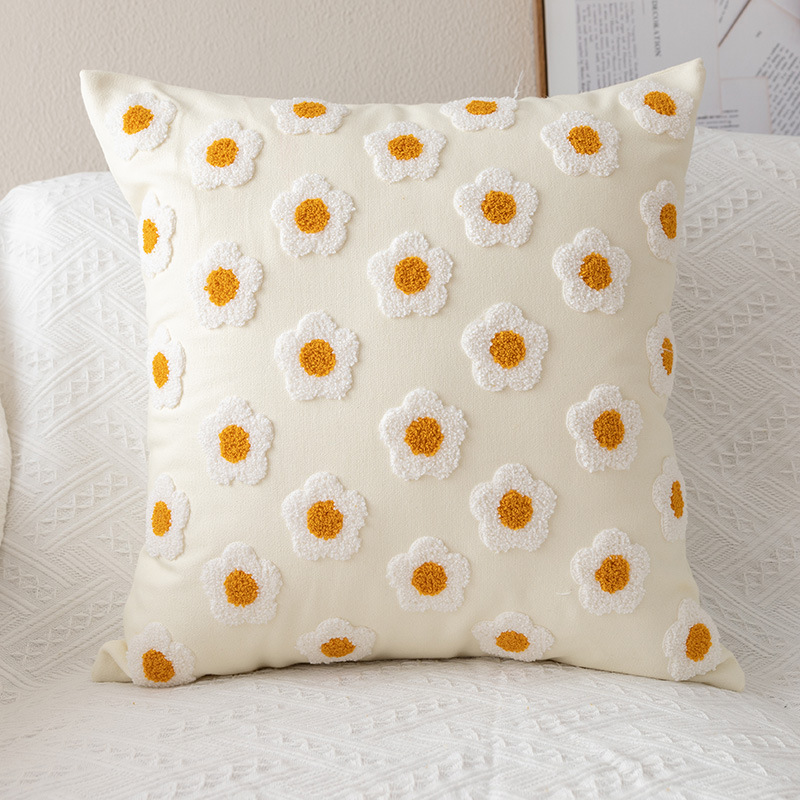 Nordic Instagram Style Fresh Sofa Bay Window Tufted Cushion Living Room 100% Cotton Canvas Embroidered Little Daisy Pillow Cover