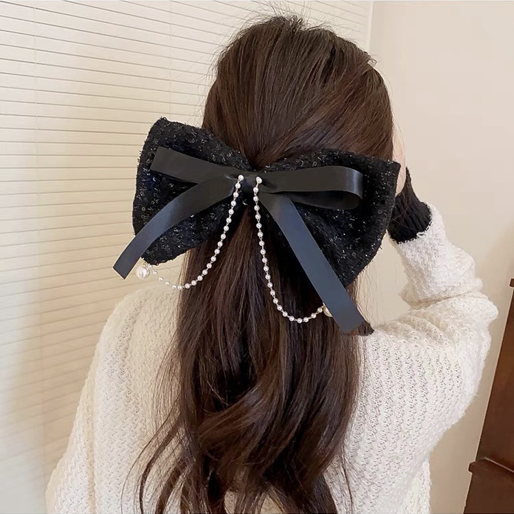 千金名媛亮片蝴蝶结弹簧夹缎带珍珠流苏法式气质精致小香风马尾夹
