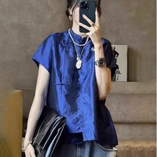 夏季新款潮流新中式国风洋气减龄独特别致上衣蓝色立领盘扣衬衫女