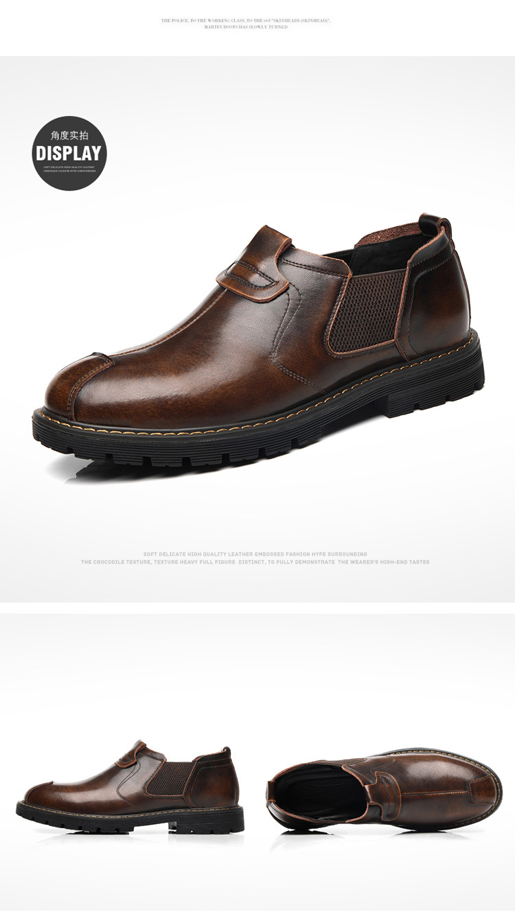 秋季新款真皮橡胶鞋底黑色商务低帮圆头一脚蹬透气黑色男皮鞋现货