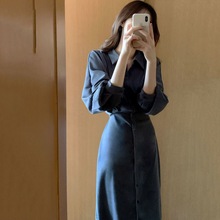 2023春季韩国Chic法式小众气质灯笼袖系带收腰显瘦长款衬衫连衣裙