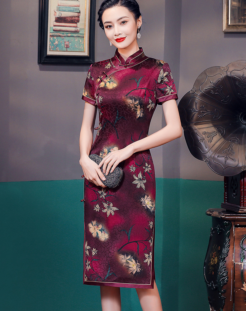 2022年新款苏州香云纱旗袍真丝桑蚕丝红色妈妈喜婆婆婚宴喜庆批发