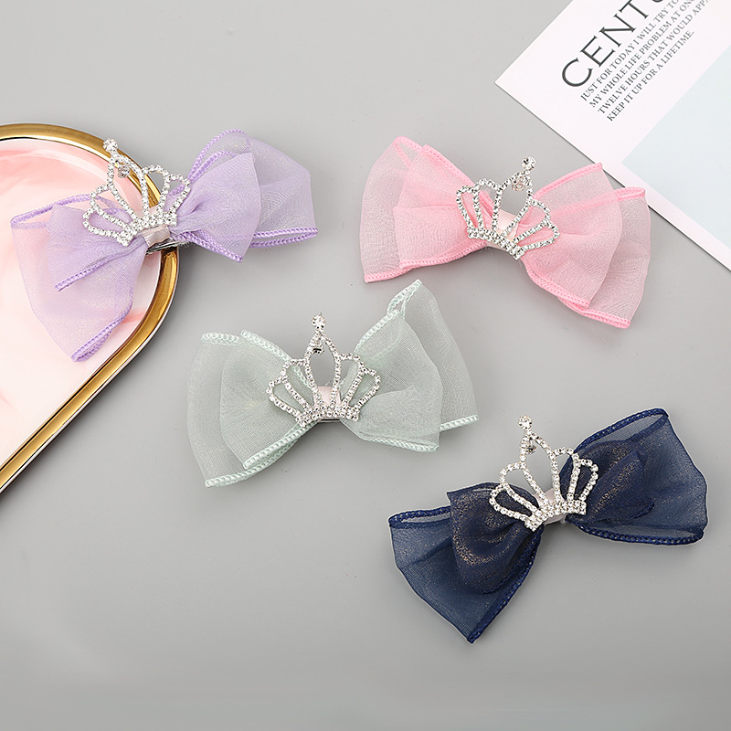 欧根纱大蝶结发夹手工女孩唯美发饰韩版公主带钻皇冠发夹儿童批货