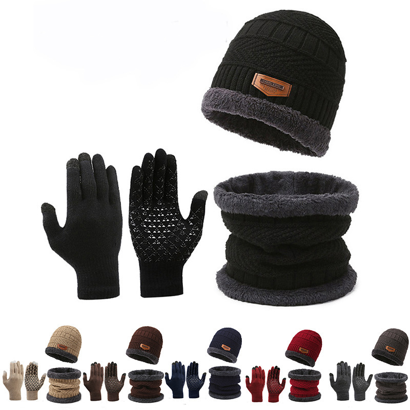 跨境套装帽子男士冬季围巾手套三件套围脖一体加绒保暖冬天针织帽