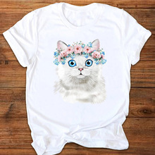 可爱猫咪个性图案圆领印花白t恤短袖女装外贸跨境wish/ebay亚马逊