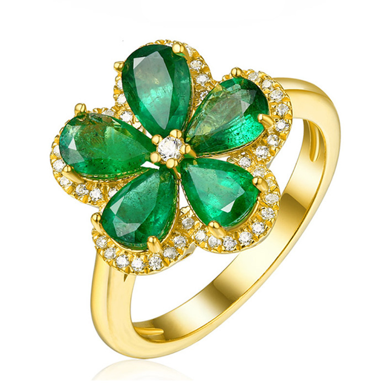 五片叶草祖母绿仿绿碧玺戒指 开口的满钻大花朵形绿宝石锆石戒指