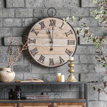 美式复古挂钟木质圆形做旧壁钟创意家居民宿墙壁怀旧钟表装饰时钟
