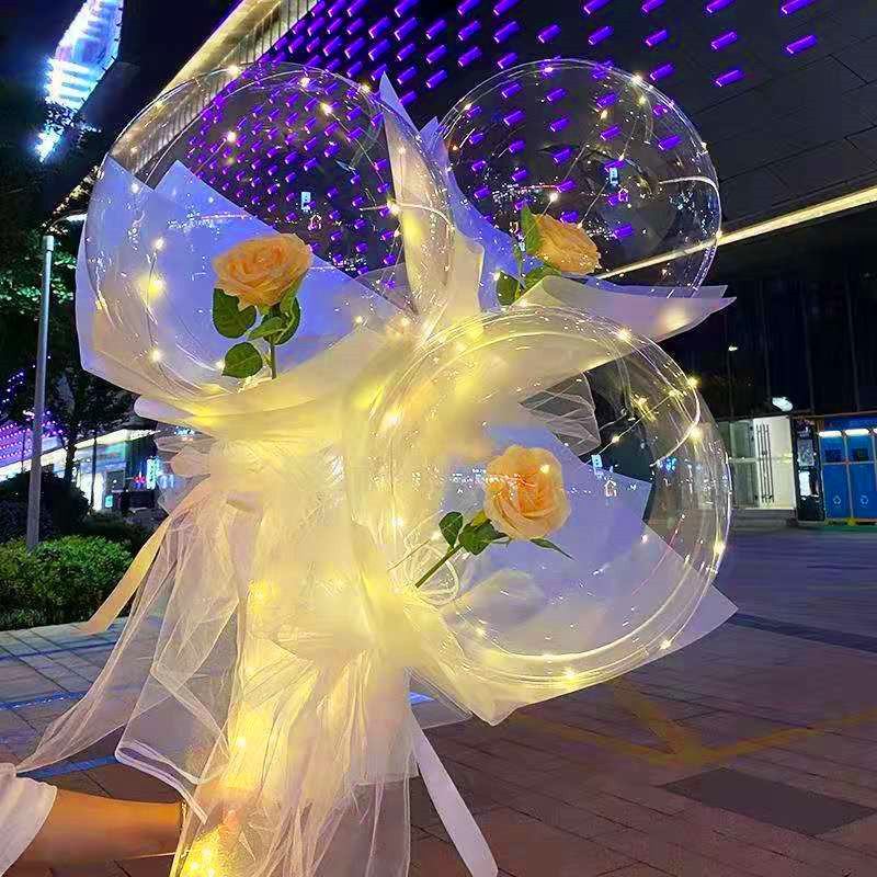 Internet Celebrity Bounce Ball Wholesale Rose Luminous Bouquet Transparent Balloon Valentine's Day Gift Push Stall