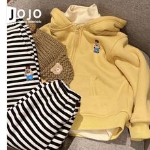 韩系童装女童黄色加绒卫衣外套秋冬儿童洋气连帽开衫休闲裤两件套