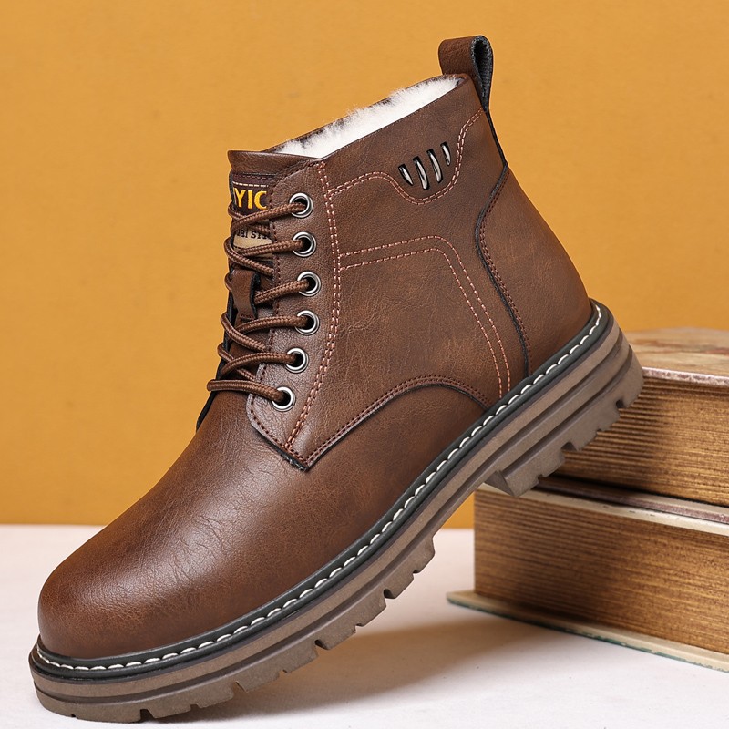 啄木鸟棉鞋男冬季新款真皮男款马丁靴男士加绒羊毛保暖高筒雪地靴