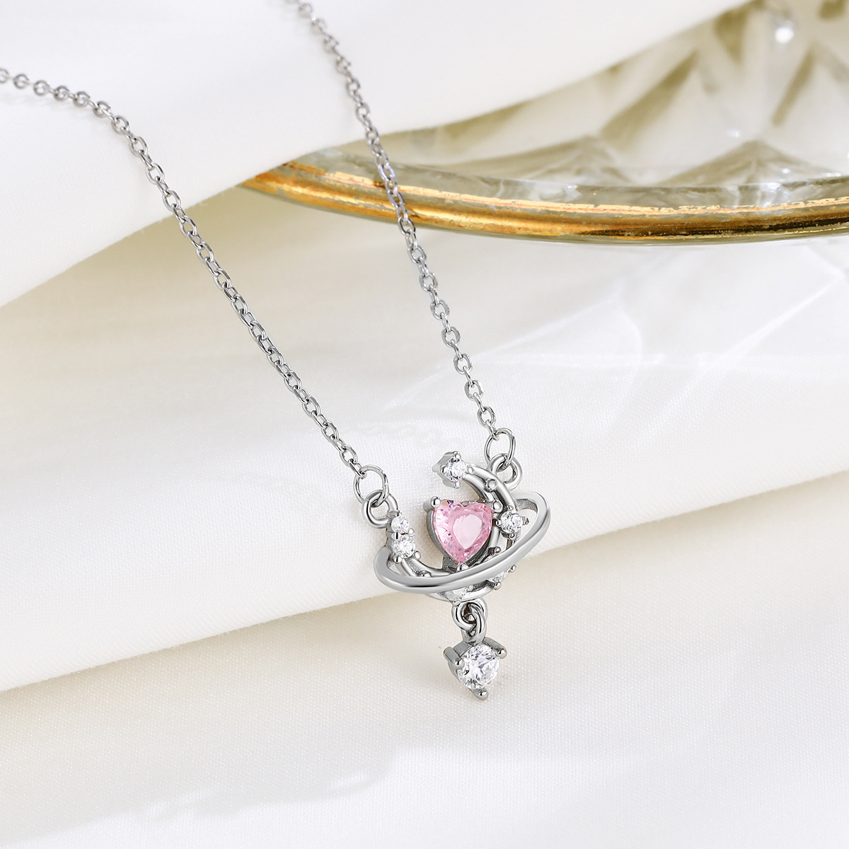 S925 Sterling Silver All-Match Simple Moon Necklace Elegant Niche Jewelry High-Grade Pink Lovely Clavicle Chain Accessories