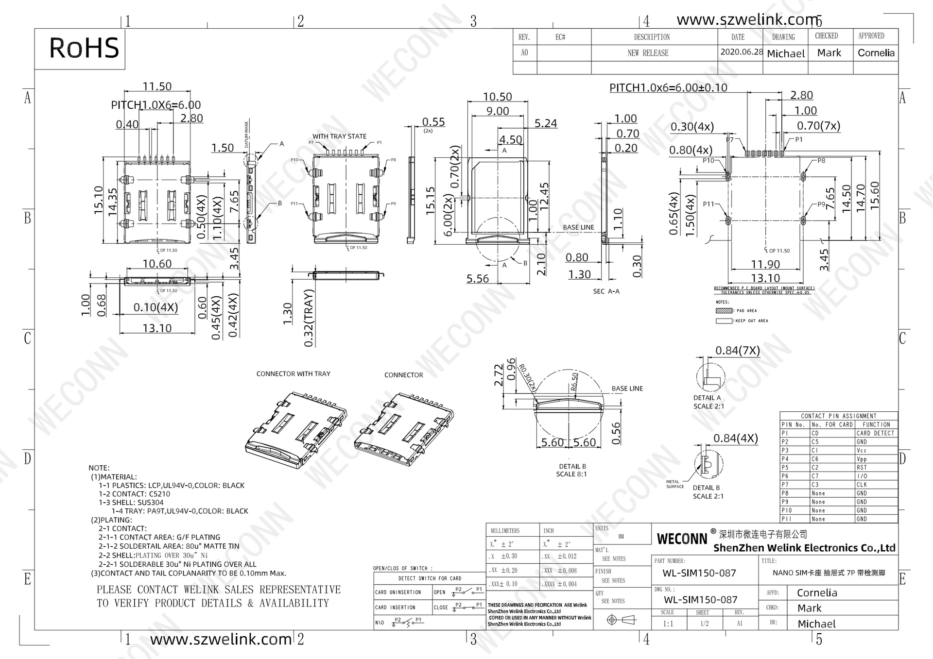 nano sim卡座 抽屉式 6 1p 7p 带卡托 带检测脚连接器卡槽