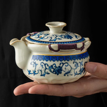 汝窑青花缠枝莲手抓壶单个高档防烫手盖碗陶瓷茶具带过滤泡茶杯