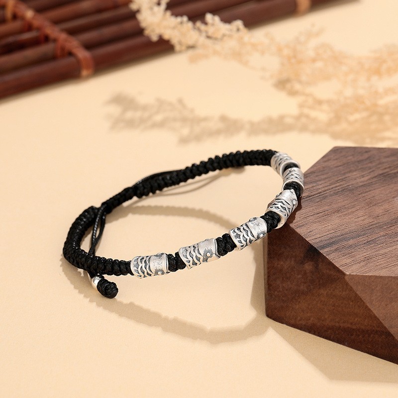 天银s999足银新中式简约情侣锦鲤黑绳编绳手链国风编制手绳代发