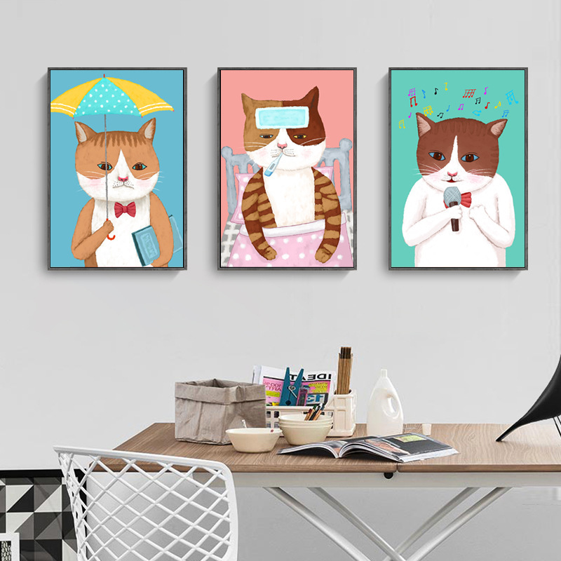 现代简约儿童房装饰画 可爱猫咪创意小动物卡通壁画宝宝卧室挂画