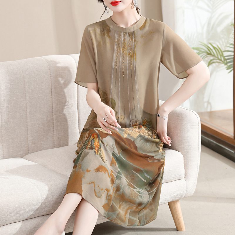 Middle-Aged and Elderly Women's Dress Improved Cheongsam Dress Loose Comfort Printing Long Dress 2023 New Elegant Women's Clothing