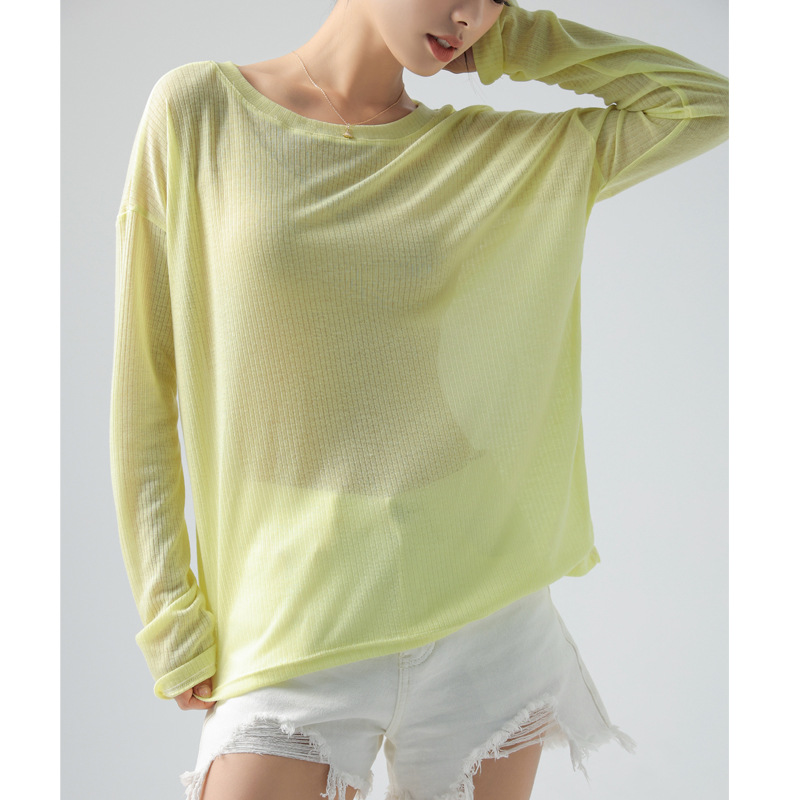 Women's Korean-Style Ins All-Match Long-Sleeved White T-shirt Loose and See-through Thin Spring Ice Silk Pullover Sun Protective Blouse Top