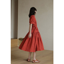 红色连衣裙女夏显瘦V领法式复古冷淡风高级感泡泡袖抽绳收腰裙子