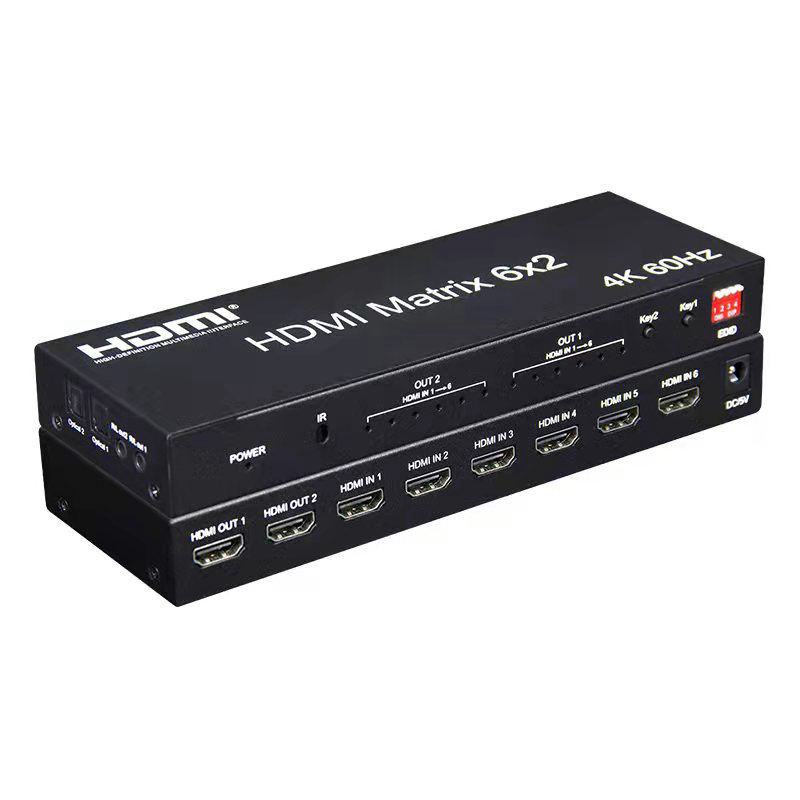 HDMI矩阵6X2切换器6进2出光纤立体声输出高清音视频分配器4K 60HZ