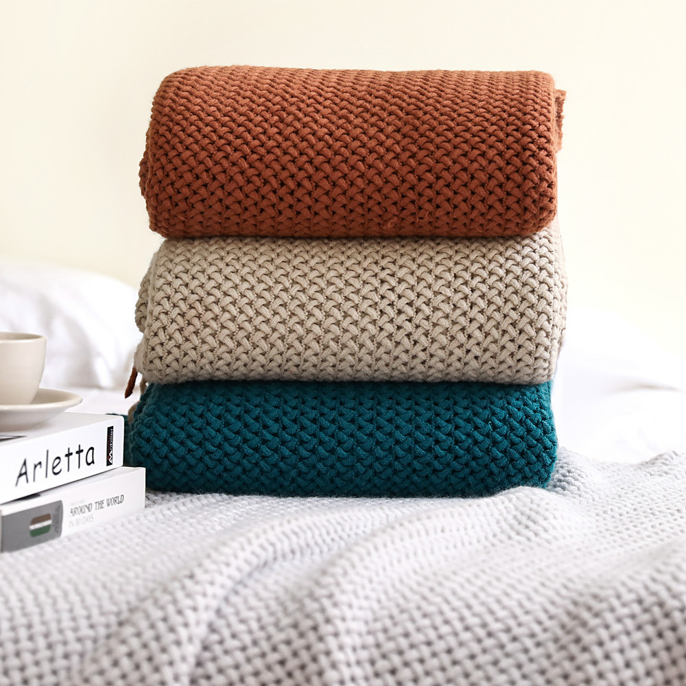Nordic Style Sofa Cover Cover Blanket Knitted Blanket Shawl Blanket Solid Color Blanket Cross-Border Bed Runner Wool Sofa Towel