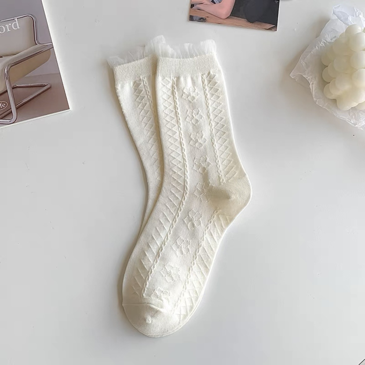 Beige Jk Tube Socks Women's Spring and Summer Thin Cute Wild Solid Color Minimalist Preppy Style Breathable Girl Lace Socks