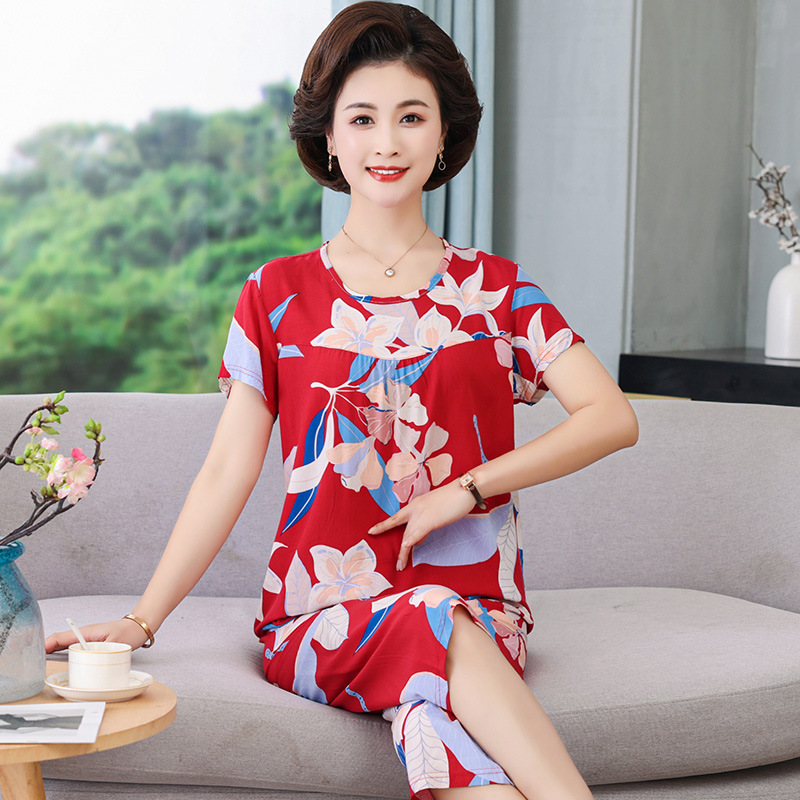 Mom Pajamas Spring and Autumn Women's Middle-Aged and Elderly Short-Sleeved Suit Cotton Silk Home Wear Artificial Cotton Women's Casual Large Size Summer