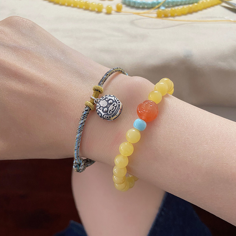 上新俄料蜜蜡手串女南红笑佛手串配原矿绿松石转运珠手链礼品饰