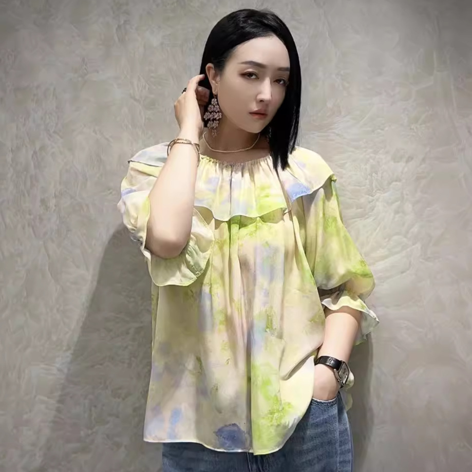 南油货2024夏季新款法式真丝荷叶领露肩上衣女设计感洋气减龄衬衣