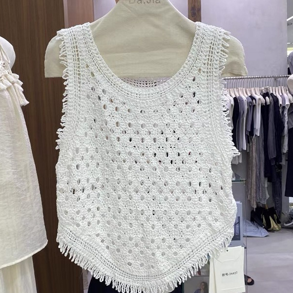 夏季新款韩版流苏镂空针织无袖设计感小众甜美蕾丝钩花上衣-阿里巴巴