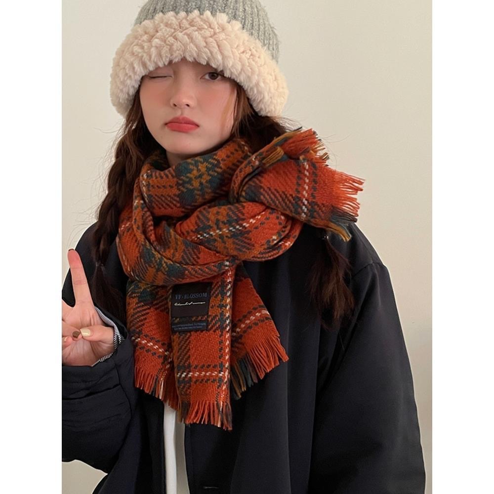 红色格子围巾女生冬季2022新款高级感仿羊绒厚披肩围脖圣诞节礼物