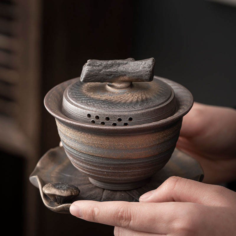 古早烧三才盖碗 粗陶手工跳刀茶壶仿柴烧功夫茶具铁锈釉茶碗盖碗