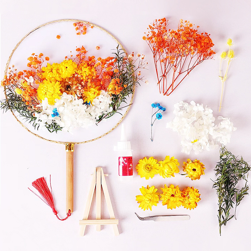 Mother's Day Chinese Style Children's Dried Flower Circular Fan DIY Material Package Goddess Antique Temple Fan Handmade Preserved Fresh Flower Fan