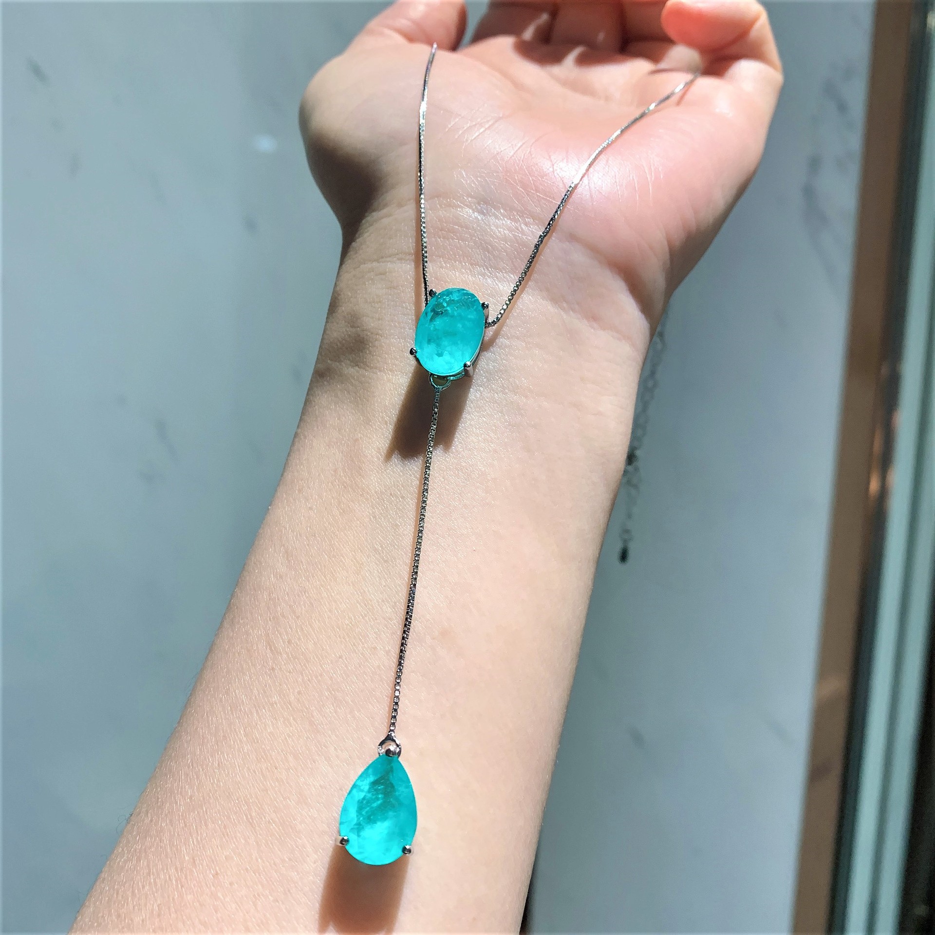 Zhuang Sheng Jewelry Simulation Colored Gems European and American Inlaid Imitation Paraiba Earrings 10*14 Pendant Necklace 10*14 Set