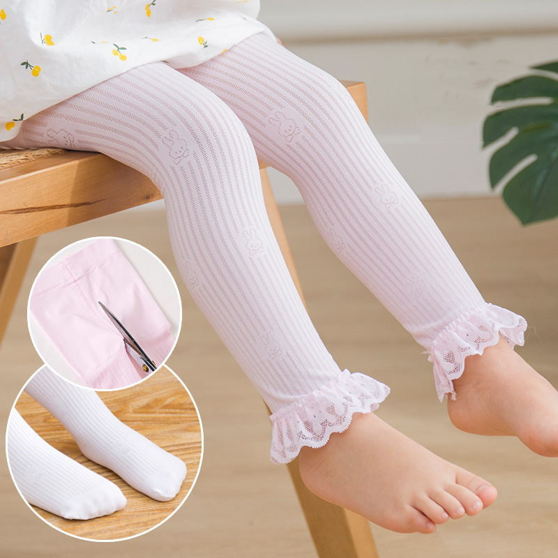 女童丝袜夏季超薄儿童连裤袜镂空竖条兔子领结宝宝九分大pp开档裤
