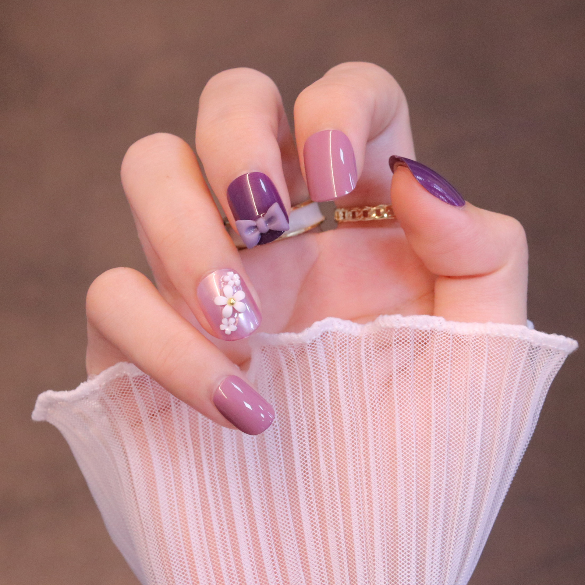 美甲贴片穿戴甲美甲片成品短款浅紫小花假指甲贴片拆卸指甲片批发