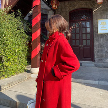 秋冬新款双面羊绒大衣女气质宽松红色中长款过膝羊毛呢子外套穿搭