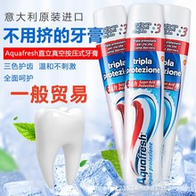 一般贸易意大利进口Aquafresh立式按压式三色牙膏美亮白去渍清新