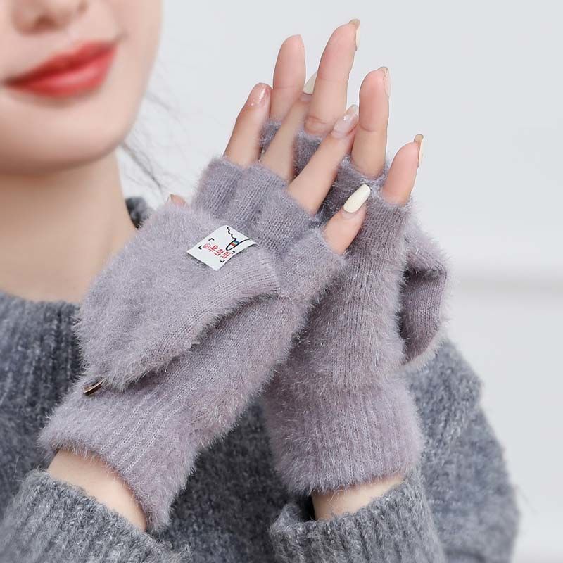 New Plush Winter Half Finger Flip Warm Thickened Factory Finger Leakage Imitation Mink Knitted Student Writing Gloves