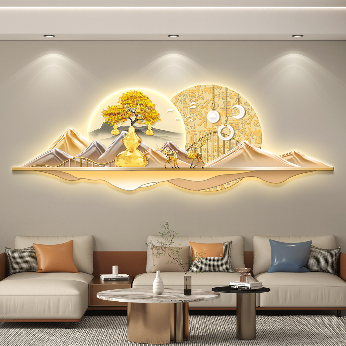 摇钱树led带灯轻奢客厅装饰画沙发背景墙挂画壁画简约现代高级感