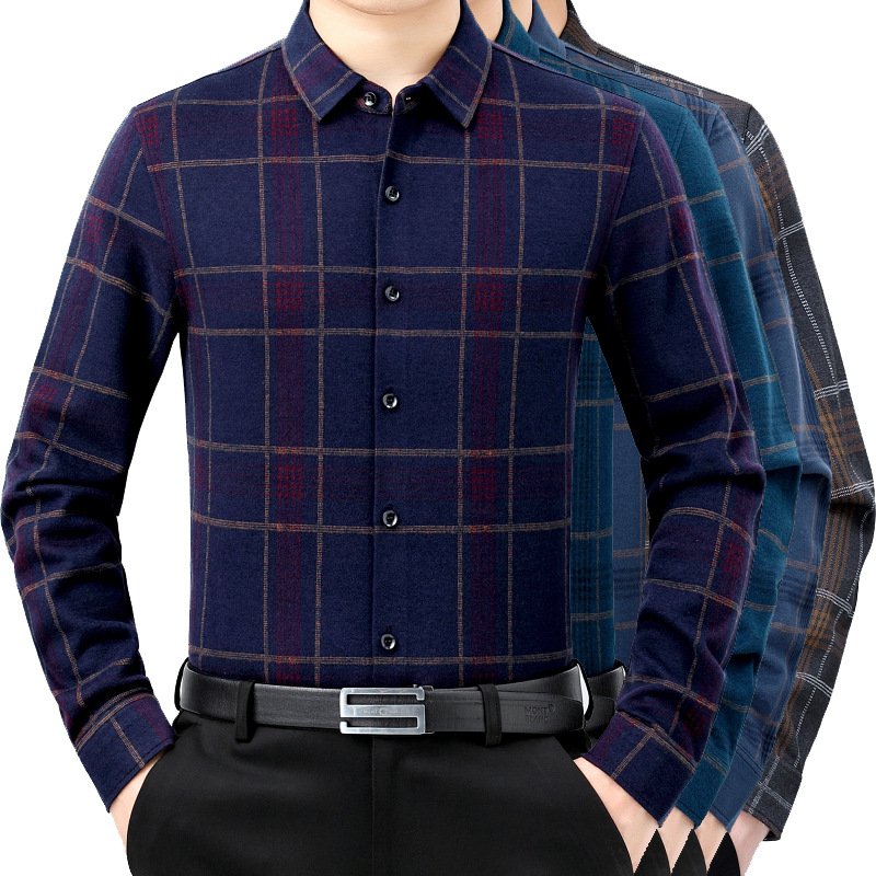 品牌男士山羊绒长袖衬衫商务休闲秋冬季加绒衬衣中年爸爸格子上衣