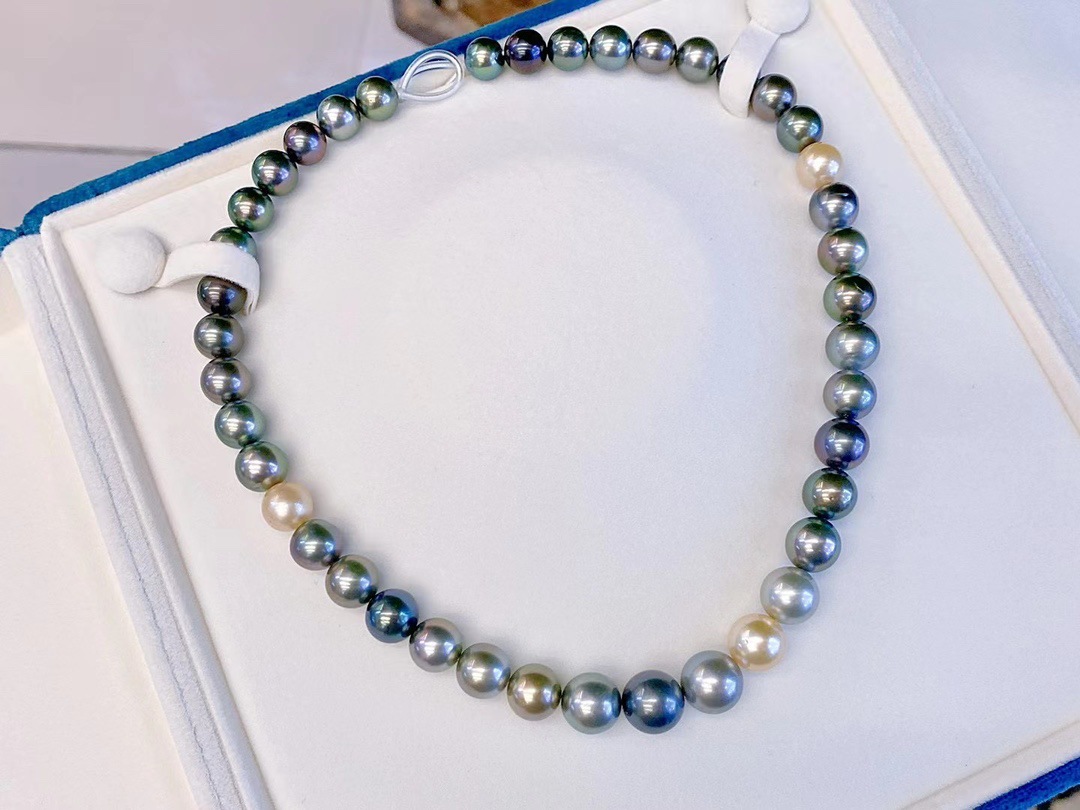 9-11.4mm南洋海水珍珠混彩色天然大溪地混彩项链正圆表皮光滑