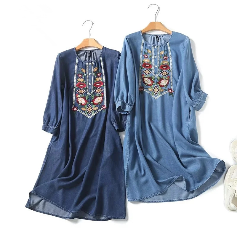 bzla039 韩版女装批发 2024夏季新款 圆领胸前刺绣天丝牛仔连衣裙