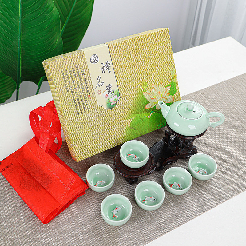 celadon carp six cups per pot activity gift factory wholesale kung fu tea set gift box hand gift